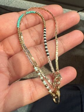 2 pieces Delicate Gold-Tone Beaded Bracelet with Turquoise and Black Accents